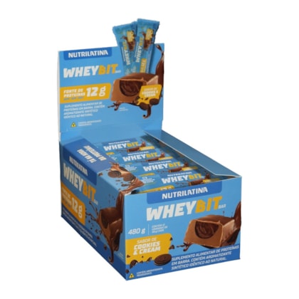 Barra de Proteína Cookies & Cream 40g Nutrilatina. Display c/ 12 Barras.