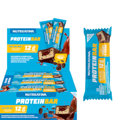 Barra de Proteína Cookies & Cream 40g Nutrilatina. Display c/ 12 Barras.